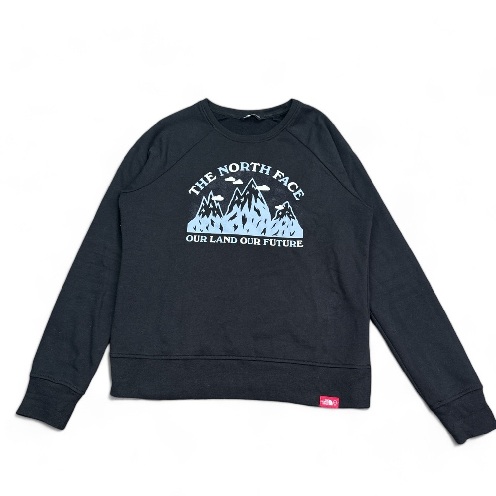 The North Face Sweatshirt Womens Medium Black Big Logo Pullover Fleece Mountains
